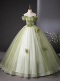 Green Tulle Prom Dresses with 3D Flower, Corset Back, Strapless Quinceanera Dresses BG041