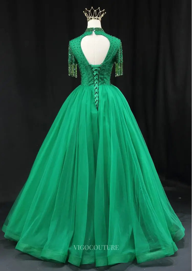 Prom Dresses 2025 to impress Green Tulle Prom Dresses with Beaded Bodice, High Neck, Tassels, Formal Dresses SU080-vigocouture-vigocouture