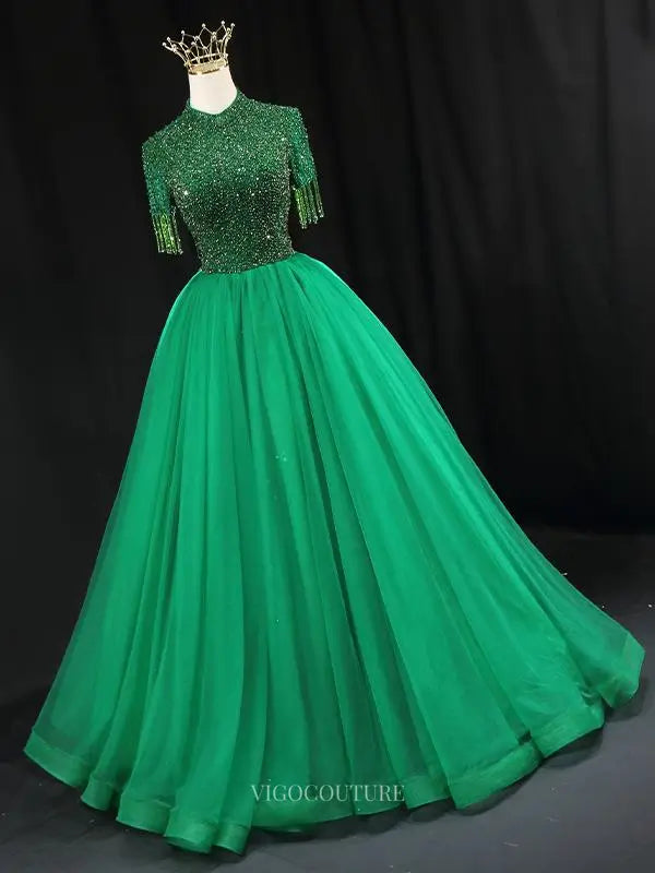 Prom Dresses 2025 to impress Green Tulle Prom Dresses with Beaded Bodice, High Neck, Tassels, Formal Dresses SU080-vigocouture-vigocouture