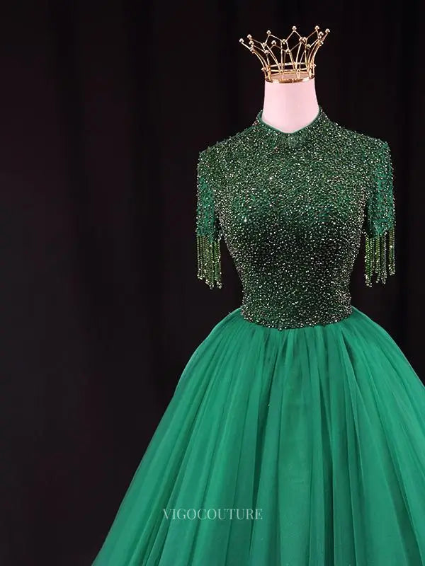 Prom Dresses 2025 to impress Green Tulle Prom Dresses with Beaded Bodice, High Neck, Tassels, Formal Dresses SU080-vigocouture-vigocouture