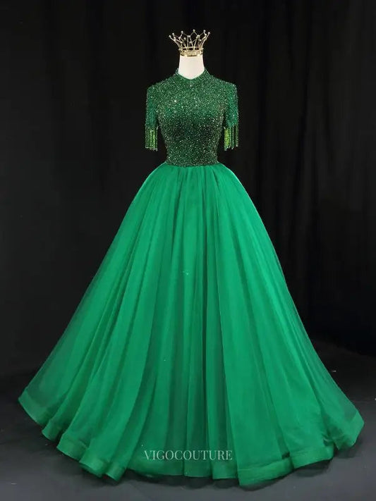 Prom Dresses 2025 to impress Green Tulle Prom Dresses with Beaded Bodice, High Neck, Tassels, Formal Dresses SU080-vigocouture-Green-Custom Size-vigocouture