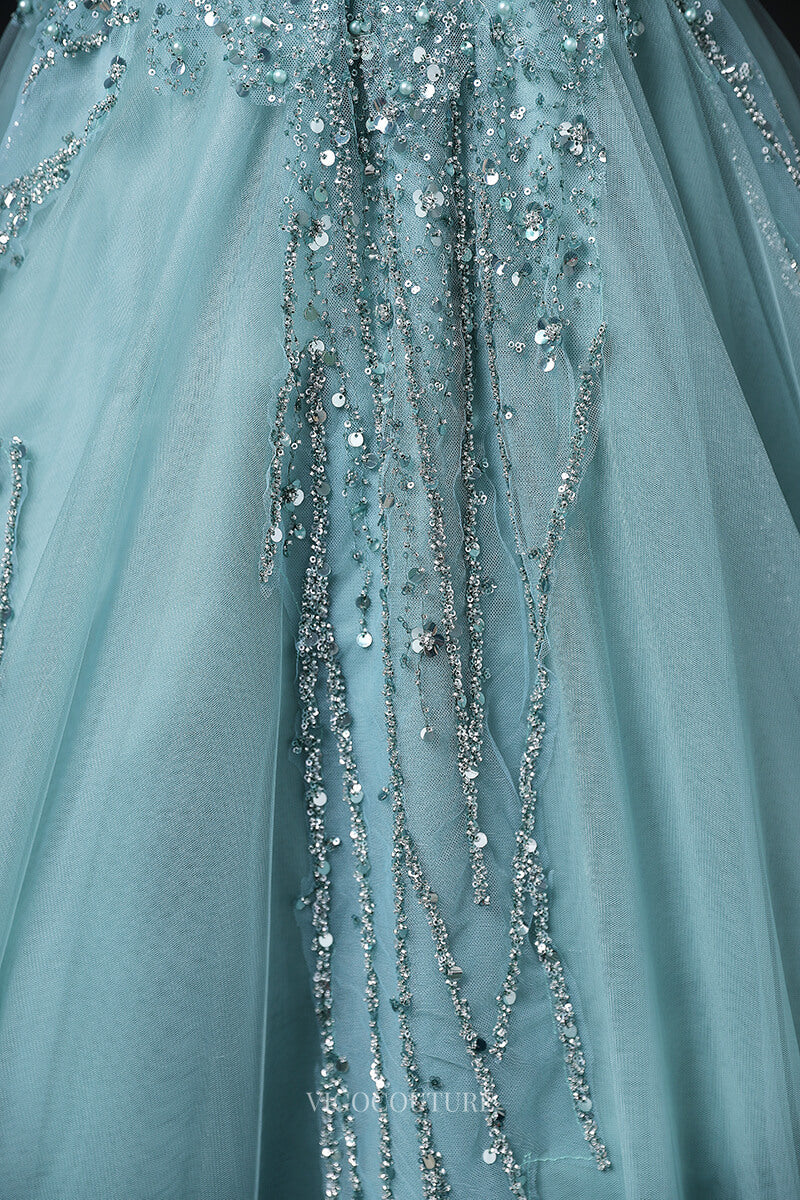 Prom Dresses 2025 to impress Green Tulle Prom Dresses with Beaded Bodice, Sparkly Lace, Boat Neck, Quinceanera Dresses BG064-vigocouture-vigocouture