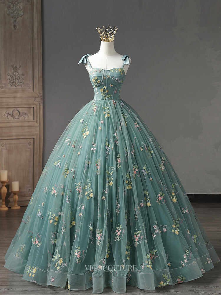 Green Tulle Prom Dresses with Lace Applique, Removable Puffed Sleeve, – vigocouture