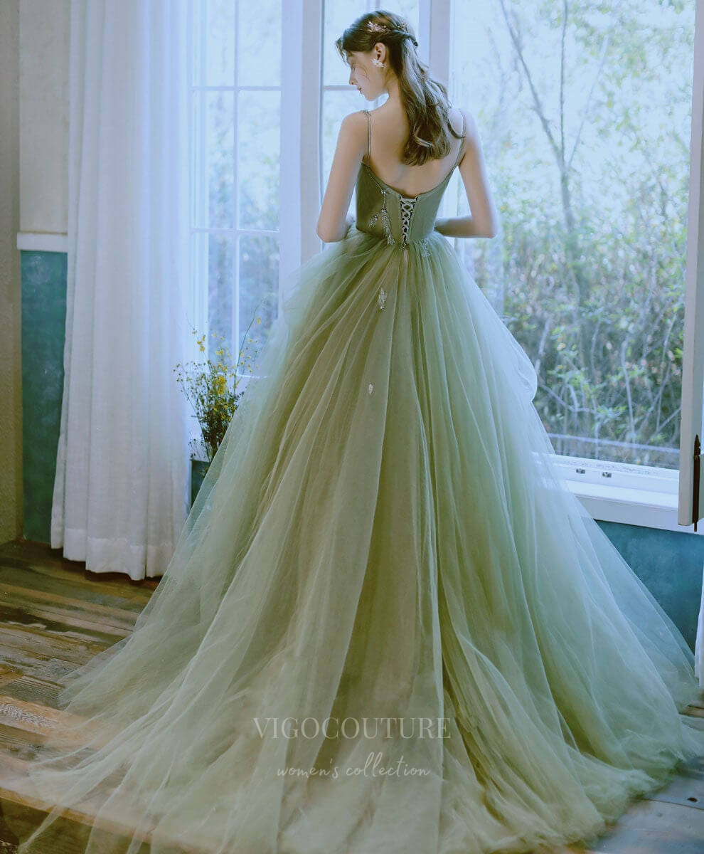 Prom Dress 2025 Green Tulle Spaghetti Strap Prom Dress 20919-unique elegant Prom Dresses-Green-Custom Size-vigocouture