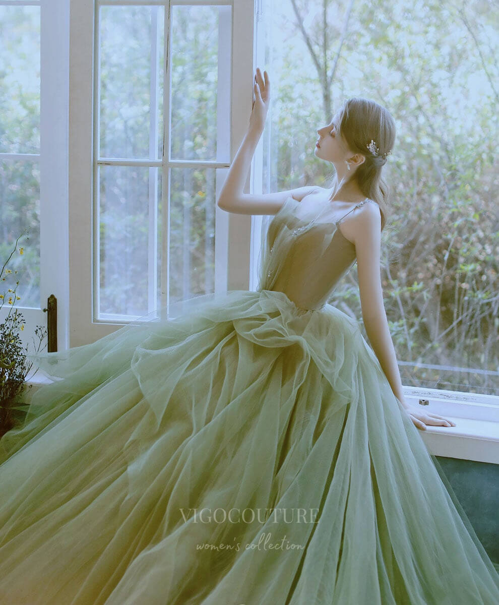 Prom Dress 2025 Green Tulle Spaghetti Strap Prom Dress 20919-unique elegant Prom Dresses-Green-Custom Size-vigocouture