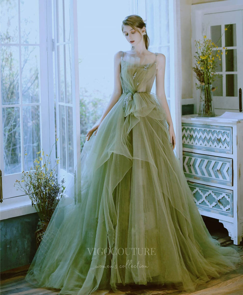 Prom Dress 2025 Green Tulle Spaghetti Strap Prom Dress 20919-unique elegant Prom Dresses-Green-Custom Size-vigocouture