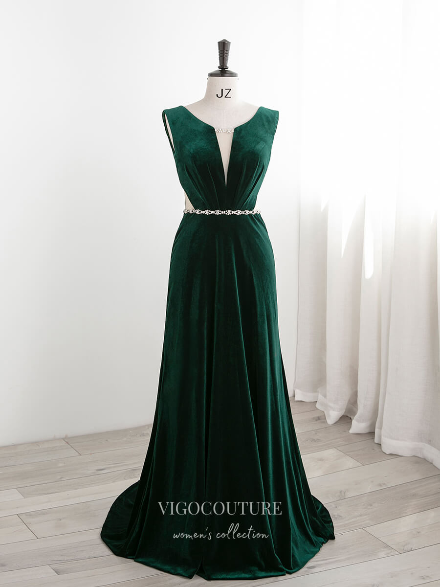 Green Velvet Prom Dresses Plunging V-Neck Formal Dresses 21321 vigocouture Green Velvet Prom Dresses Plunging V-Neck Formal Dresses 21321 vigocouture