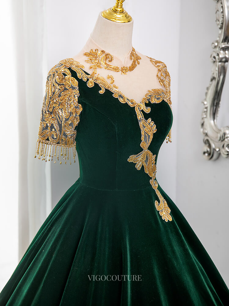 Green Velvet Prom Dresses with Lace, Short Sleeve, High Neck, Tassels, Quinceanera Gown BG009 Green / Custom Size Green Velvet Prom Dresses with Lace, Short Sleeve, High Neck, Tassels, Quinceanera Gown BG009 Green / Custom Size