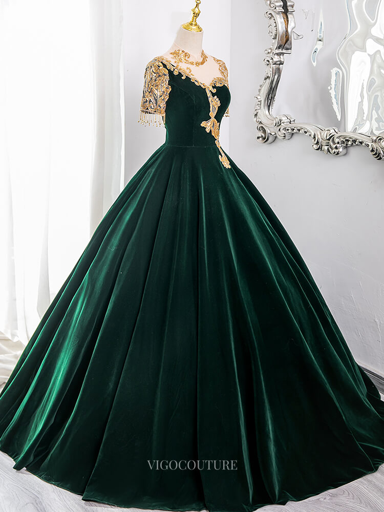 Prom Dresses 2025 to impress Green Velvet Prom Dresses with Lace, Short Sleeve, High Neck, Tassels, Quinceanera Gown BG009-vigocouture-vigocouture