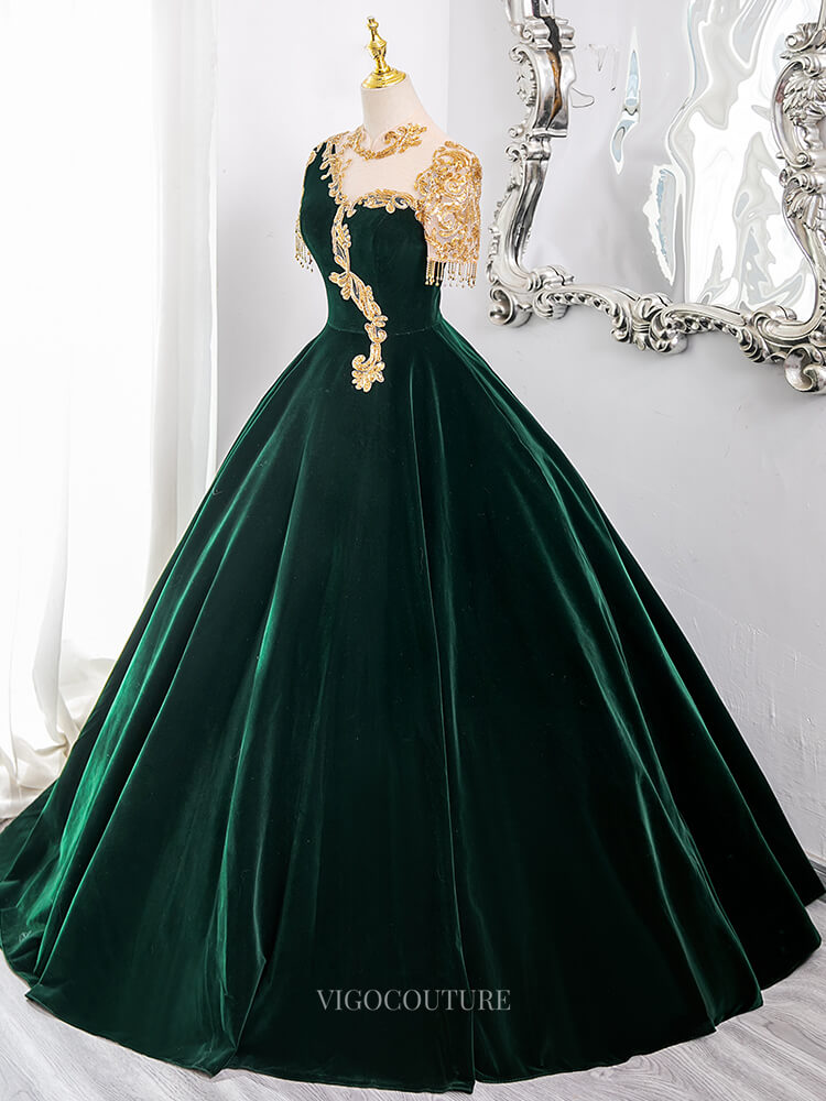 Prom Dresses 2025 to impress Green Velvet Prom Dresses with Lace, Short Sleeve, High Neck, Tassels, Quinceanera Gown BG009-vigocouture-vigocouture