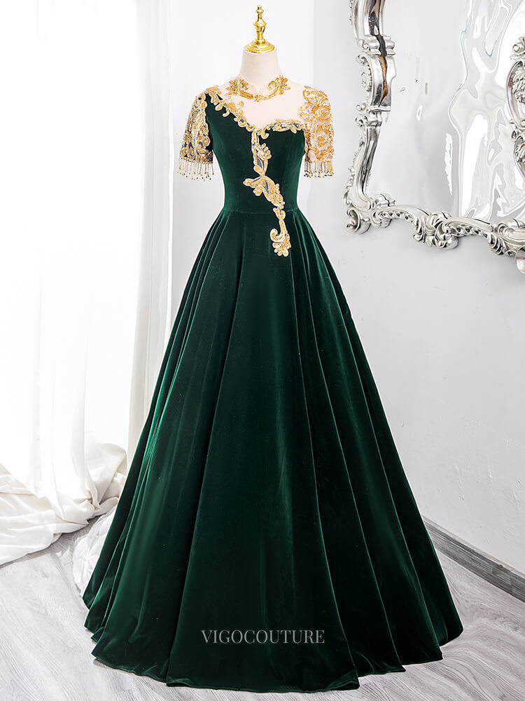 Prom Dresses 2025 to impress Green Velvet Prom Dresses with Lace, Short Sleeve, High Neck, Tassels, Quinceanera Gown BG009-vigocouture-vigocouture