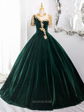 Green Velvet Prom Dresses with Lace, Short Sleeve, High Neck, Tassels, Quinceanera Gown BG009