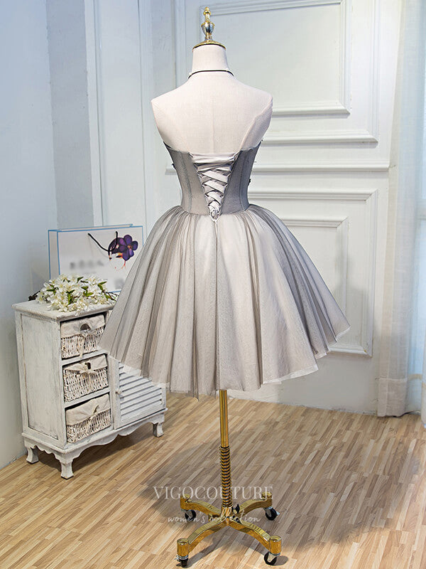 Short Prom Dresses 2025 Grey 3D Flower Homecoming Dresses Strapless Dama Dresses hc097-Prom Dresses-vigocouture-vigocouture