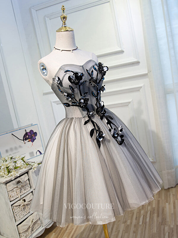 Short Prom Dresses 2025 Grey 3D Flower Homecoming Dresses Strapless Dama Dresses hc097-Prom Dresses-vigocouture-vigocouture