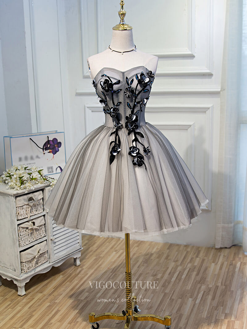 Short Prom Dresses 2025 Grey 3D Flower Homecoming Dresses Strapless Dama Dresses hc097-Prom Dresses-vigocouture-Grey-US2-vigocouture