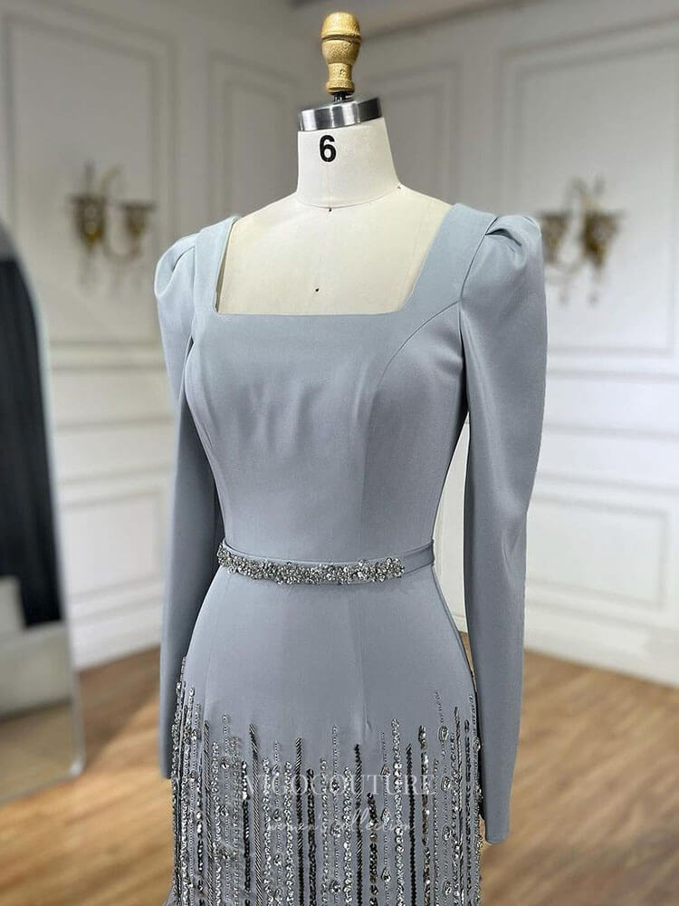 Prom Dress 2025 Grey Beaded Long Sleeve Prom Dresses Beaded Ruffle Mother of the Bride Dress 24507-unique elegant Prom Dresses-Grey-US2-vigocouture