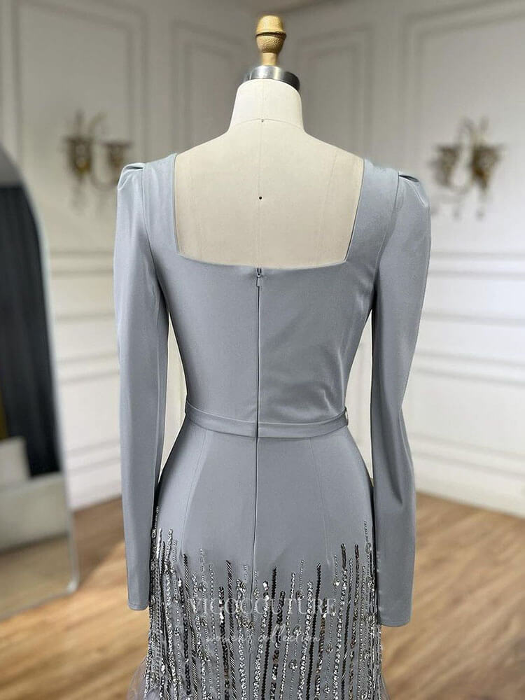 Prom Dress 2025 Grey Beaded Long Sleeve Prom Dresses Beaded Ruffle Mother of the Bride Dress 24507-unique elegant Prom Dresses-Grey-US2-vigocouture