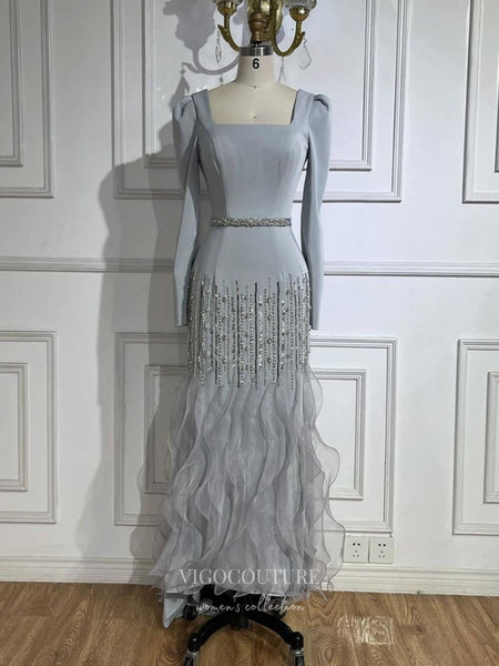 Grey Beaded Long Sleeve Prom Dresses Beaded Ruffle Mother of the Bride Dress 24507 - Grey / US6 Grey Beaded Long Sleeve Prom Dresses Beaded Ruffle Mother of the Bride Dress 24507 - Grey / US6