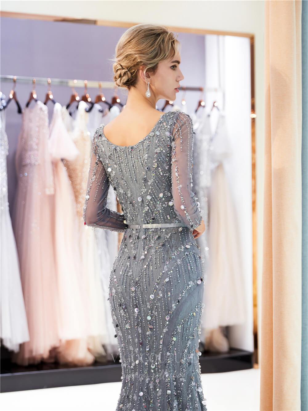 Prom Dress 2025 Grey Beaded Mermaid Long Sleeve Prom Dress 20292-unique elegant Prom Dresses-Grey-US2-vigocouture