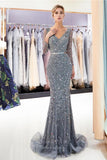 Grey Beaded Mermaid Long Sleeve Prom Dress 20292