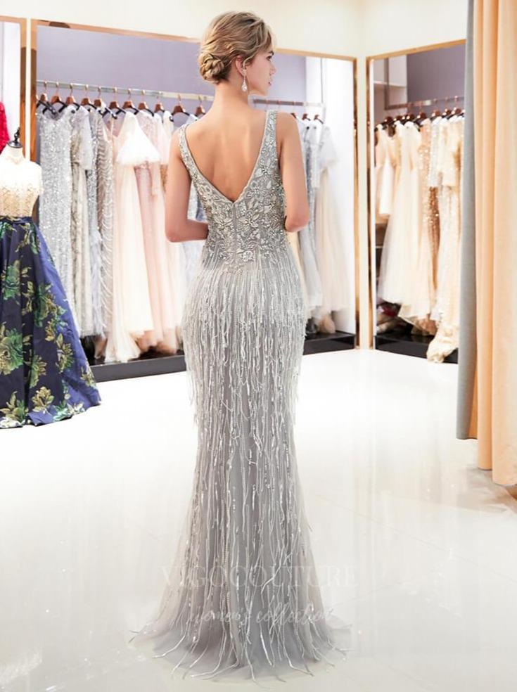 Prom Dress 2025 Grey Beaded Mermaid Prom Dress 20293-unique elegant Prom Dresses-Grey-US2-vigocouture