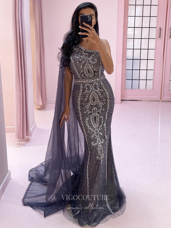Grey Beaded Mermaid Prom Dresses One Shoulder Formal Dresses 21235 vigocouture Grey Beaded Mermaid Prom Dresses One Shoulder Formal Dresses 21235 vigocouture