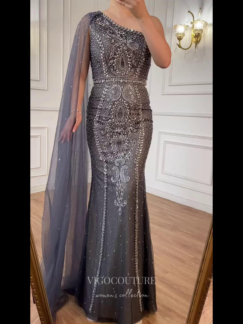 Prom Dress 2025 Grey Beaded Mermaid Prom Dresses One Shoulder Formal Dresses 21235-unique elegant Prom Dresses-Grey-US2-vigocouture