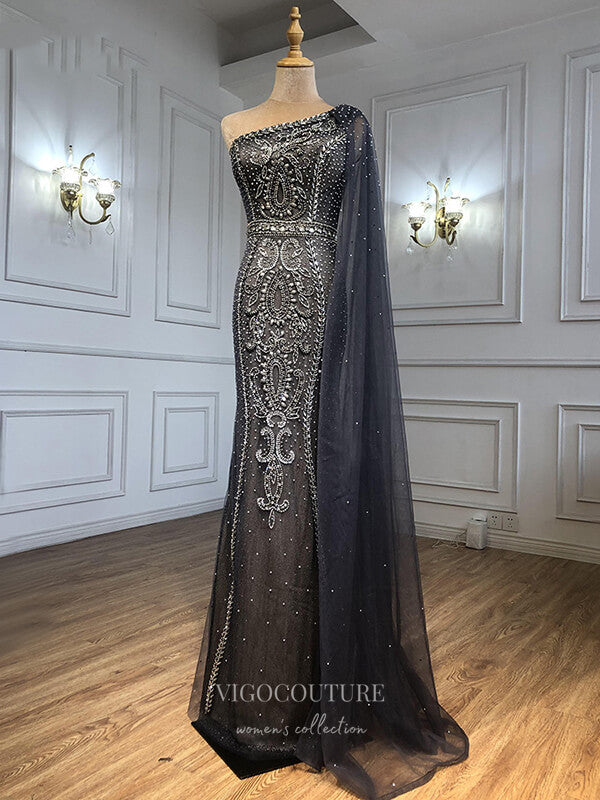 Prom Dress 2025 Grey Beaded Mermaid Prom Dresses One Shoulder Formal Dresses 21235-unique elegant Prom Dresses-Grey-US2-vigocouture