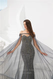 Prom Dress 2025 Grey Beaded Mermaid Removable Cape Prom Dress 20283-unique elegant Prom Dresses-Grey-US2-vigocouture