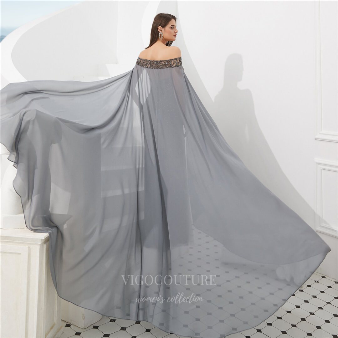 Prom Dress 2025 Grey Beaded Mermaid Removable Cape Prom Dress 20283-unique elegant Prom Dresses-Grey-US2-vigocouture