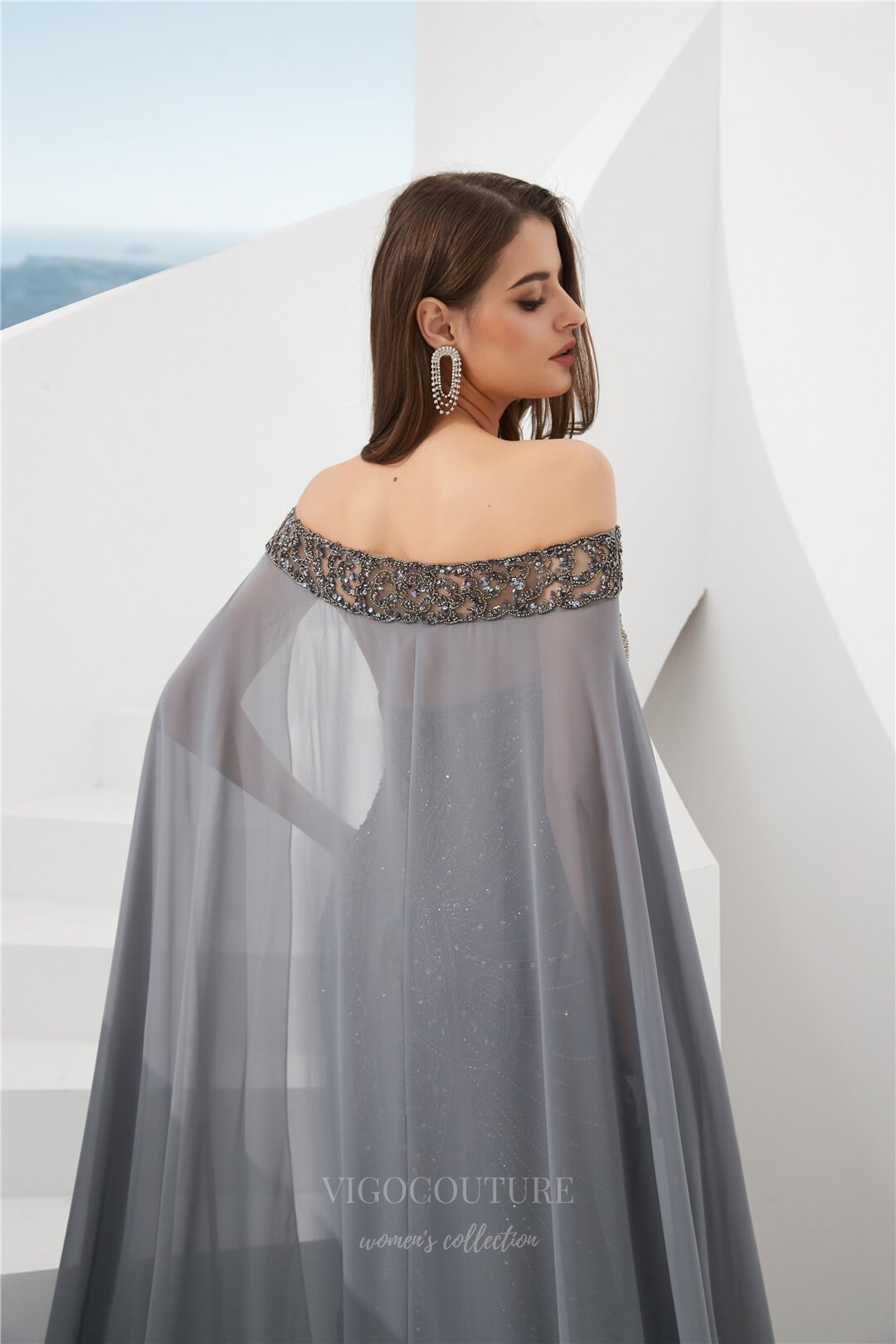 Prom Dress 2025 Grey Beaded Mermaid Removable Cape Prom Dress 20283-unique elegant Prom Dresses-Grey-US2-vigocouture