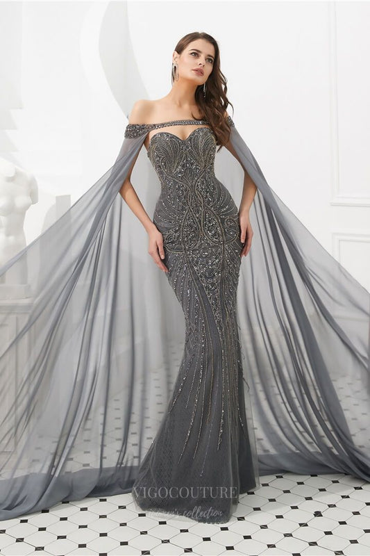 Prom Dress 2025 Grey Beaded Mermaid Removable Cape Prom Dress 20283-unique elegant Prom Dresses-Grey-US2-vigocouture