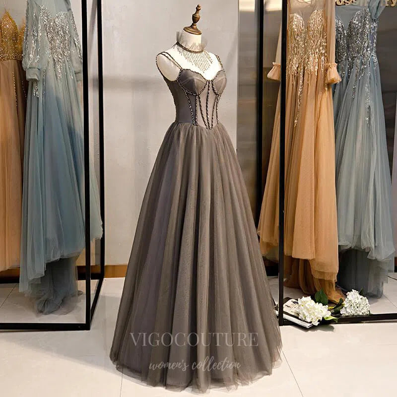 Prom Dress 2025 Grey Beaded Prom Dress 2022 Spaghetti Strap Formal Dress 20554-unique elegant Prom Dresses-Grey-US2-vigocouture