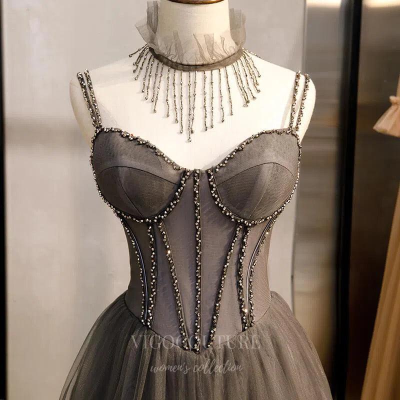 Grey Beaded Prom Dress 2022 Spaghetti Strap Formal Dress 20554 Custom Colors / Custom Size Grey Beaded Prom Dress 2022 Spaghetti Strap Formal Dress 20554 Custom Colors / Custom Size