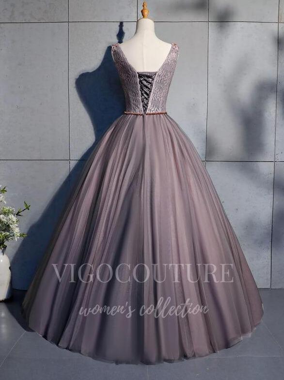 vigocouture-Grey Beaded Quinceañera Dresses V-Neck Ball Gown 20448-Prom Dresses-vigocouture-