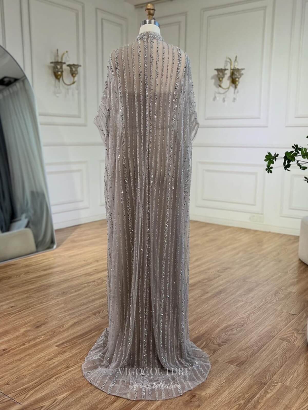 Grey Beaded Sheath Mother of the Bride Dresses High Neck Cape Sleeve E – vigocouture Grey Beaded Sheath Mother of the Bride Dresses High Neck Cape Sleeve E – vigocouture