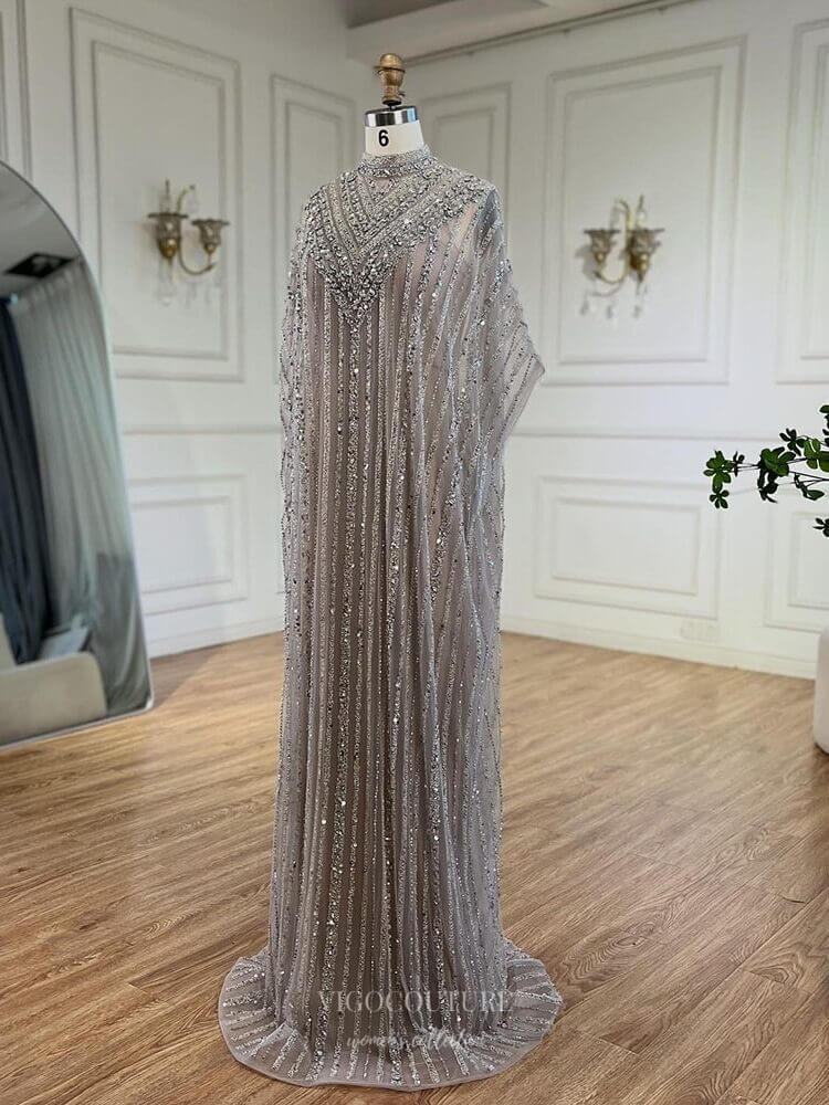 Grey Beaded Sheath Mother of the Bride Dresses High Neck Cape Sleeve E vigocouture Grey Beaded Sheath Mother of the Bride Dresses High Neck Cape Sleeve E vigocouture