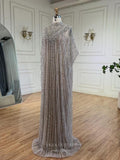 Prom Dress 2025 Grey Beaded Sheath Mother of the Bride Dresses High Neck Cape Sleeve Evening Dress 25018-unique elegant Prom Dresses-Grey-US2-vigocouture