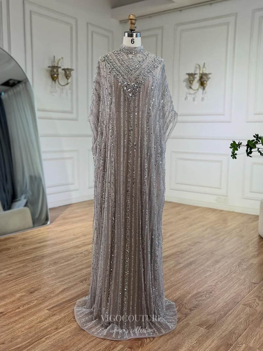 Prom Dress 2025 Grey Beaded Sheath Mother of the Bride Dresses High Neck Cape Sleeve Evening Dress 25018-unique elegant Prom Dresses-Grey-US2-vigocouture