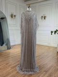 Grey Beaded Sheath Mother of the Bride Dresses High Neck Cape Sleeve Evening Dress 25018