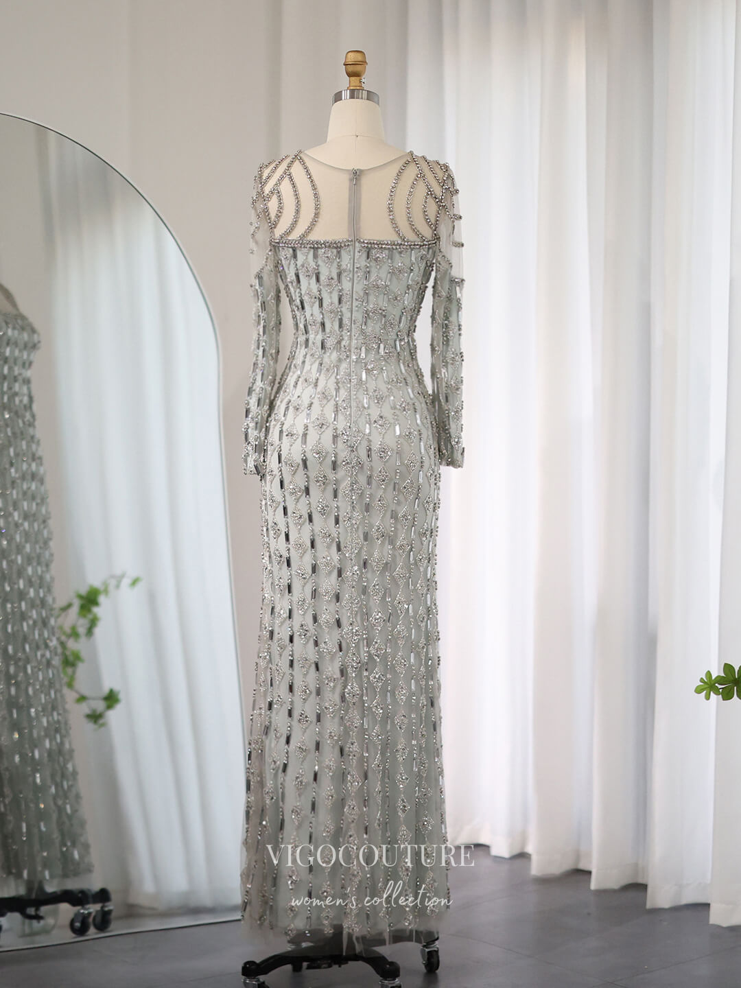 Grey Beaded Sheath Prom Dresses Long Sleeve Pageant Dress 24452 Grey / US8