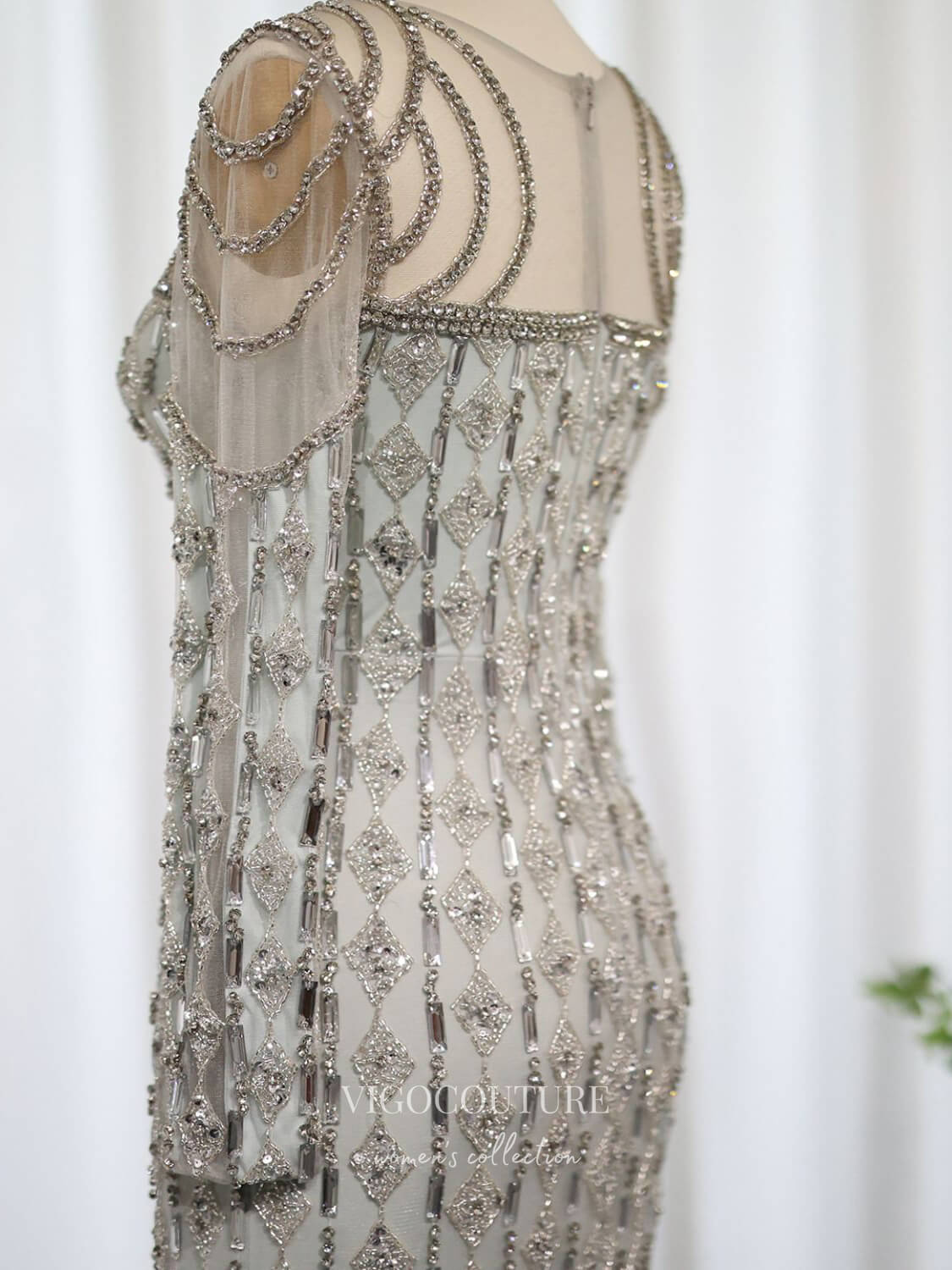 Grey Beaded Sheath Prom Dresses Long Sleeve Pageant Dress 24452 Grey / US8 Grey Beaded Sheath Prom Dresses Long Sleeve Pageant Dress 24452 Grey / US8