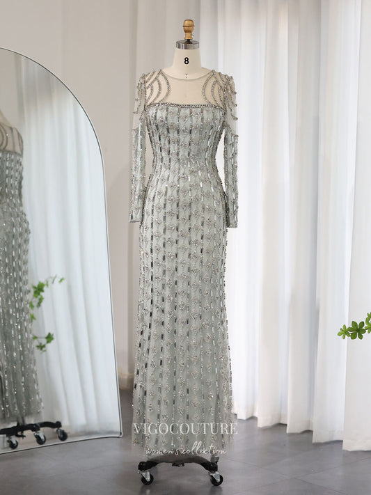 Prom Dress 2025 Grey Beaded Sheath Prom Dresses Long Sleeve Pageant Dress 24452-unique elegant Prom Dresses-Grey-US2-vigocouture