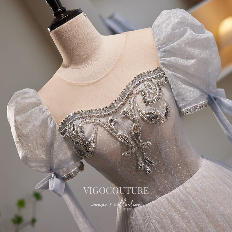 Prom Dress 2025 Grey Beaded Shimmering Tulle Prom Dress with Puffed Sleeve 22305-unique elegant Prom Dresses-Grey-Custom Size-vigocouture