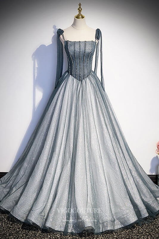 Prom Dress 2025 Grey Beaded Sparkly Tulle Prom Dress with Spaghetti Strap 22265-unique elegant Prom Dresses-Grey-Custom Size-vigocouture