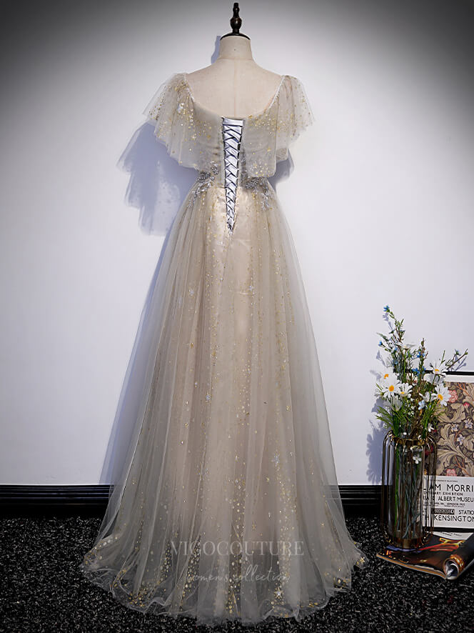 Prom Dress 2025 Grey Beaded Tulle Lace Applique Prom Dress 20895-unique elegant Prom Dresses-Grey-Custom Size-vigocouture