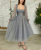 Grey Bishop Sleeve Prom Dresses Starry Tulle Maxi Dress 20977