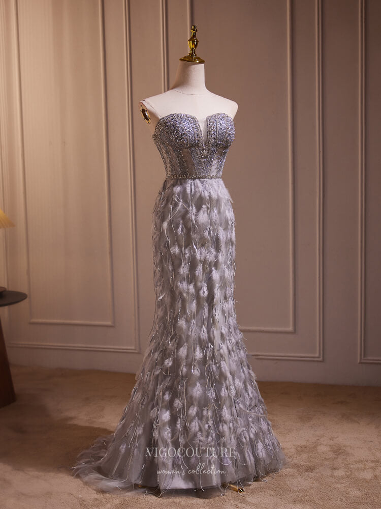 Prom Dress 2025 Grey Feather Mermaid Prom Dresses Strapless Sheer Beaded Bodice 24246-unique elegant Prom Dresses-Grey-Custom Size-vigocouture