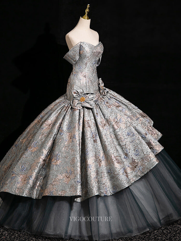 grey flower prom dress Pretty Grey Floral Long Tulle Prom Dress With Train Wholesale #T79042