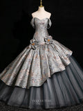 Grey Jacquard Prom Dresses with 3D Flower, Tiered Skirt, Off the Shoulder Quinceanera Dresses BG002